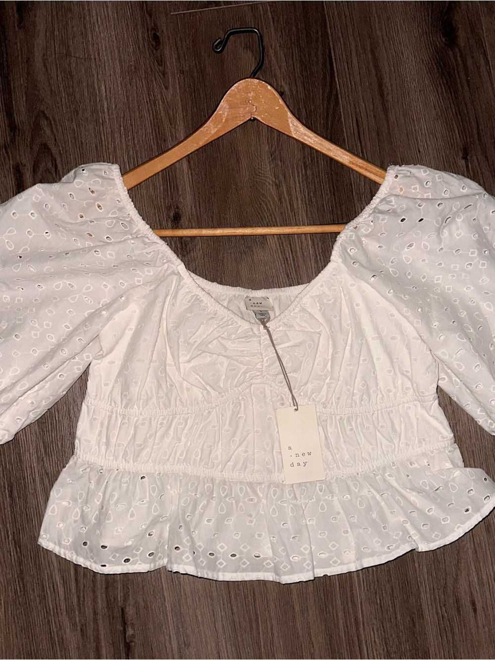 a new day White Eyelet Smocked Peasant Top 100% Cotton